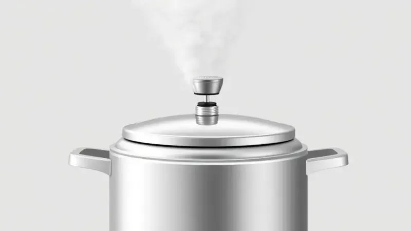 Ilustração digital de uma tampa de panela de pressão funcionando corretamente com saída de vapor estável pela válvula central.