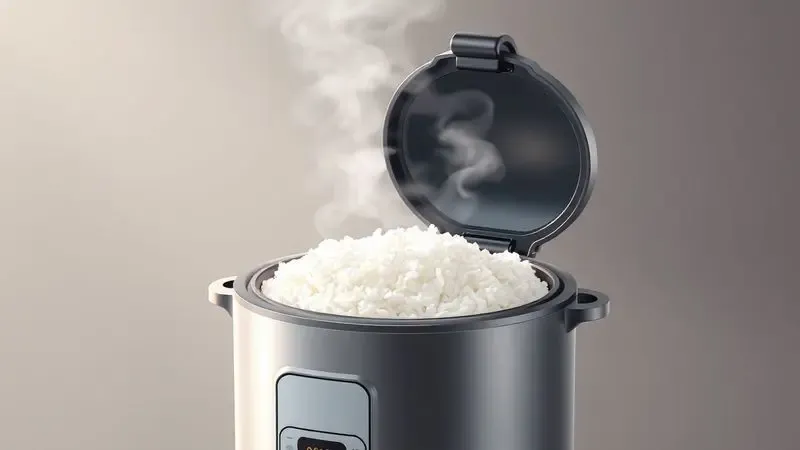Desenho digital realista de vapor saindo de uma panela elétrica de arroz aberta com arroz branco fresquinho.