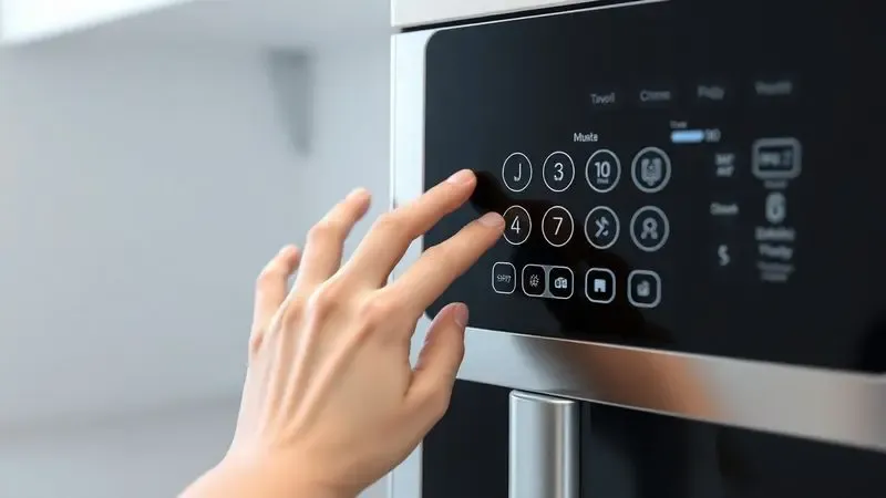 Renderização 3D de uma mão ajustando um painel de controle minimalista e genérico de um eletrodoméstico de cozinha.