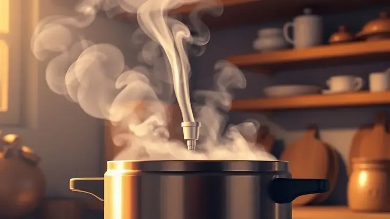 Ilustração de vapor saindo de forma controlada da válvula de uma panela de pressão durante o preparo de uma refeição.