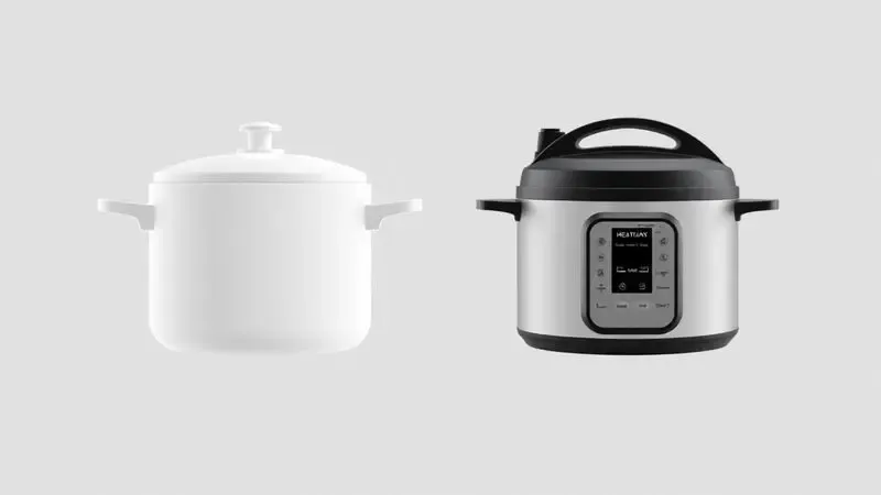 Renderização 3D comparando a silhueta de uma panela de pressão tradicional de fogão e uma elétrica moderna.
