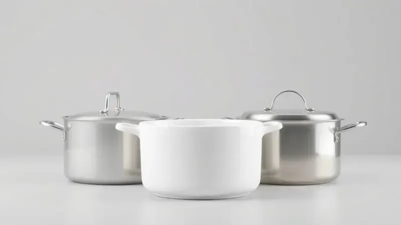 Comparação entre panelas de alumínio, cerâmica e aço inox em um estilo artístico minimalista.
