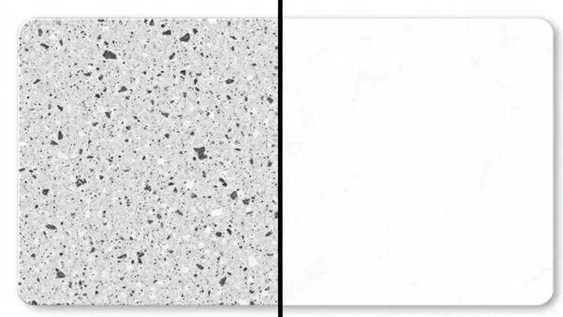 Comparativo visual artístico entre a textura de granito escuro e a superfície branca de cerâmica para panelas.
