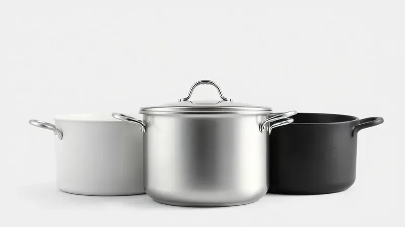 Comparação visual artística entre três panelas de diferentes materiais: cerâmica, aço inox e ferro fundido.