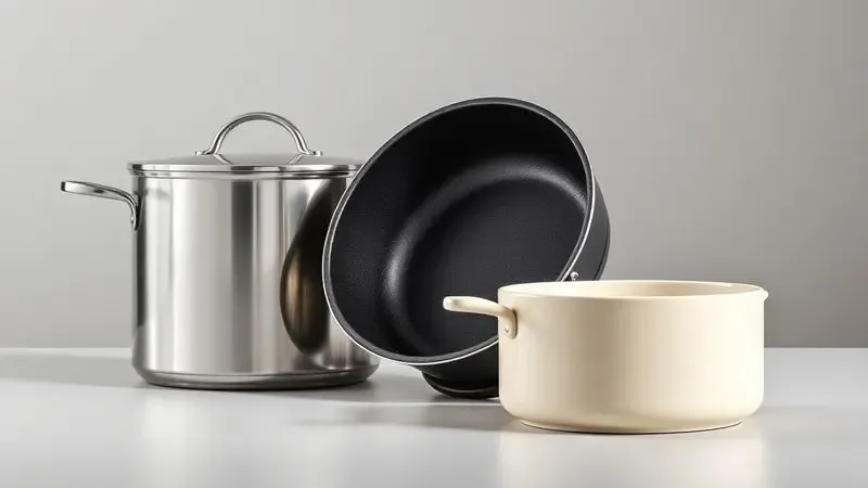 Comparativo visual de diferentes materiais de panelas como aço inox, revestimento antiaderente e cerâmica em estilo artístico.