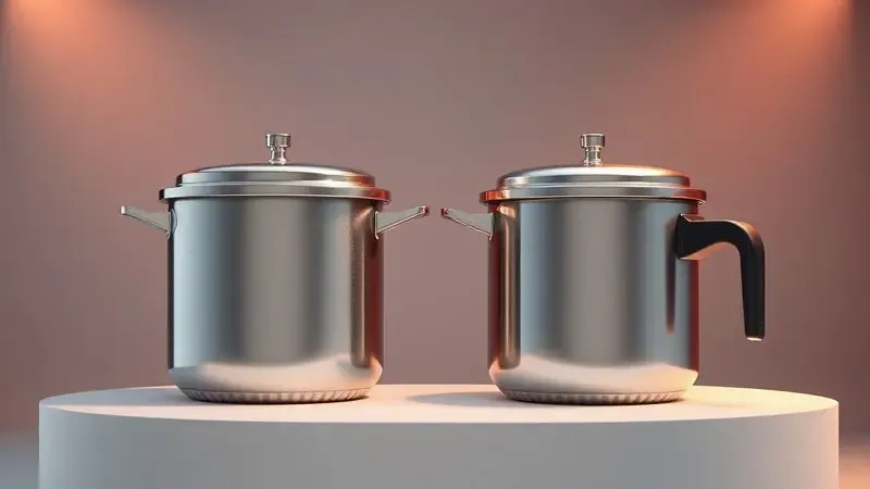 Representação visual de duas panelas de pressão genéricas em um pedestal para comparação de qualidade e estilo.