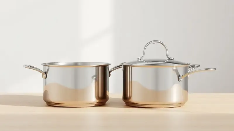 Renderização artística de dois modelos de panelas de aço inox com designs diferentes para comparação de estilo e acabamento.