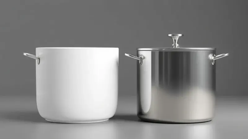Renderização 3D comparativa entre uma panela com interior cerâmico branco e uma panela de aço inox polido.