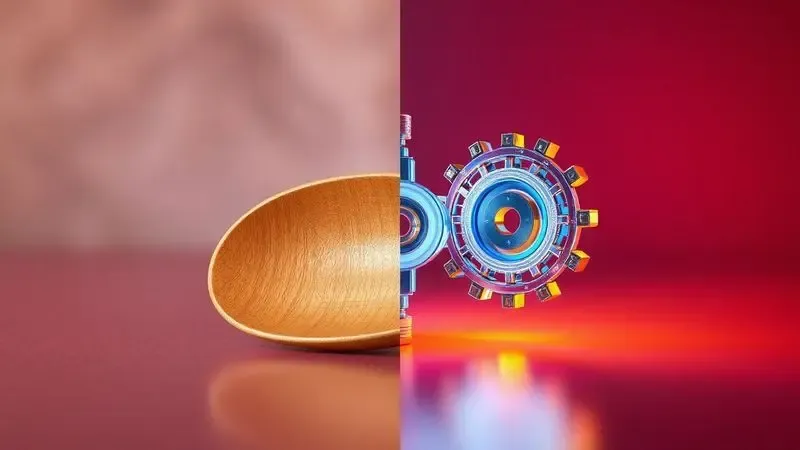 Comparação visual artística entre o processo manual de mexer doces e a automação mecânica moderna.