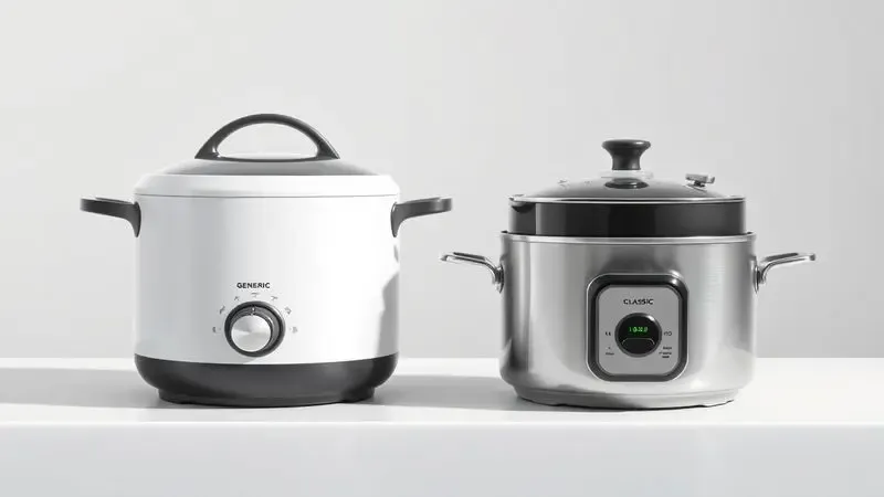 Ilustração comparativa entre uma panela de pressão elétrica moderna e uma tradicional de fogão em estilo conceitual e minimalista.