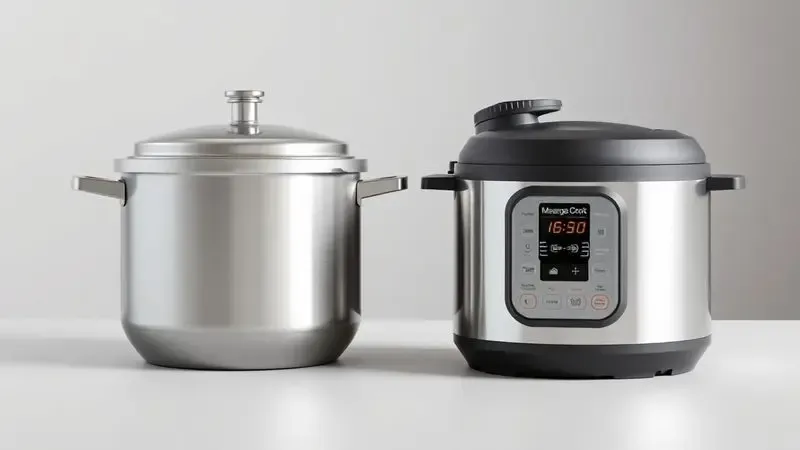 Comparação visual minimalista entre o design de uma panela de pressão tradicional de fogão e um modelo elétrico digital.