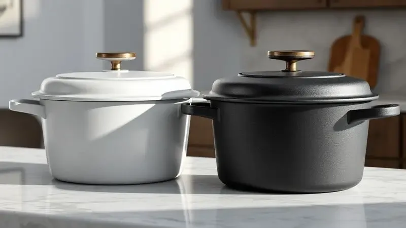 Renderização 3D de duas panelas de ferro fundido de alta qualidade lado a lado em uma bancada de mármore.