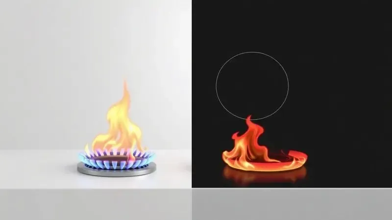 Representação artística de diferentes fontes de calor como chamas de gás e superfícies de indução para panelas.