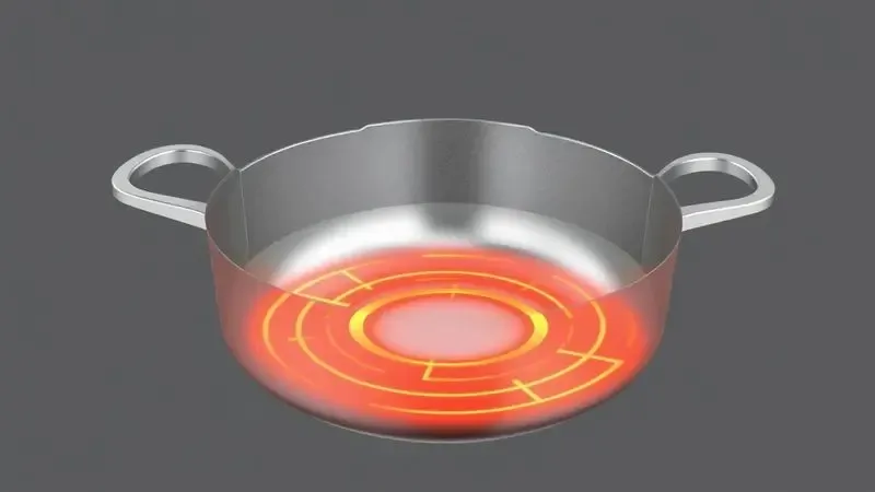 Representação 3D da distribuição uniforme de calor no fundo de uma panela de alta qualidade, em estilo educativo e abstrato.