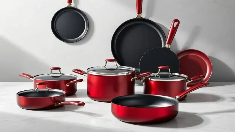 Composição artística de utensílios de cozinha em tons de preto e vermelho profundo sobre uma superfície de mármore.