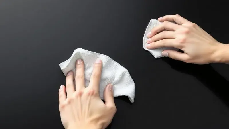 Ilustração de uma superfície de vidro de indução sendo limpa suavemente com um pano de microfibra.