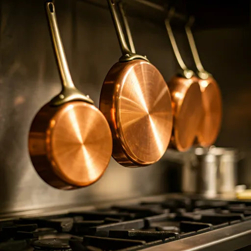 Cozinha profissional com panelas de cobre e aço inox organizadas