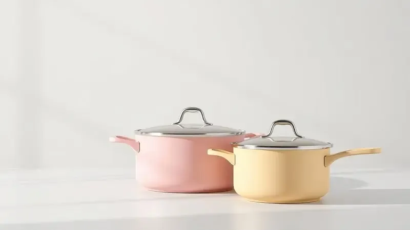 Representação artística de panelas modernas em diferentes tons pastéis organizadas de forma minimalista.