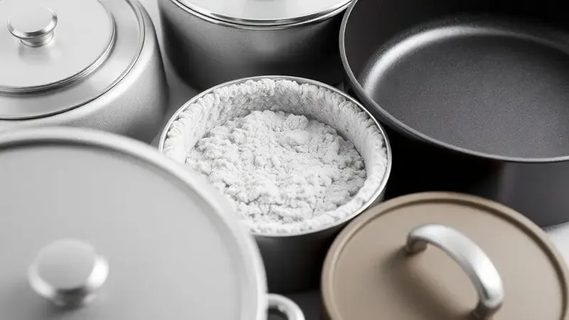 Representação artística de panelas de diferentes materiais armazenadas com protetores de feltro para evitar danos.
