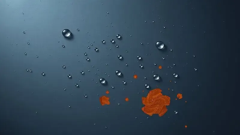 Ilustração conceitual de gotas de água causando pequenos pontos de oxidação em metal, alertando sobre a umidade na panela de ferro.
