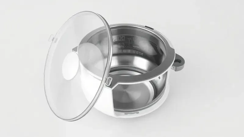Renderização 3D de peças de uma panela elétrica desmontadas para limpeza e manutenção.