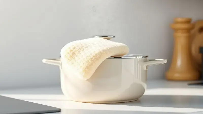 Representação artística de uma esponja macia limpando delicadamente uma panela cerâmica brilhante.