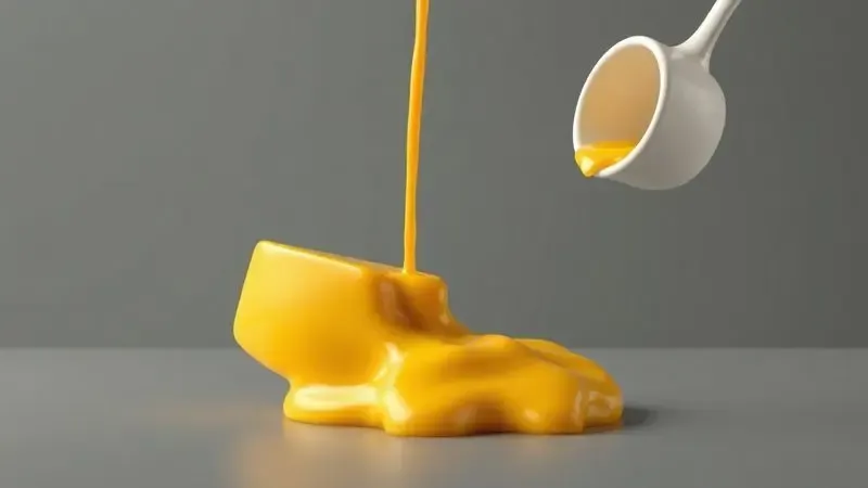 Ilustração digital de queijo derretido sendo despejado suavemente de uma panela branca, destacando a facilidade de limpeza.