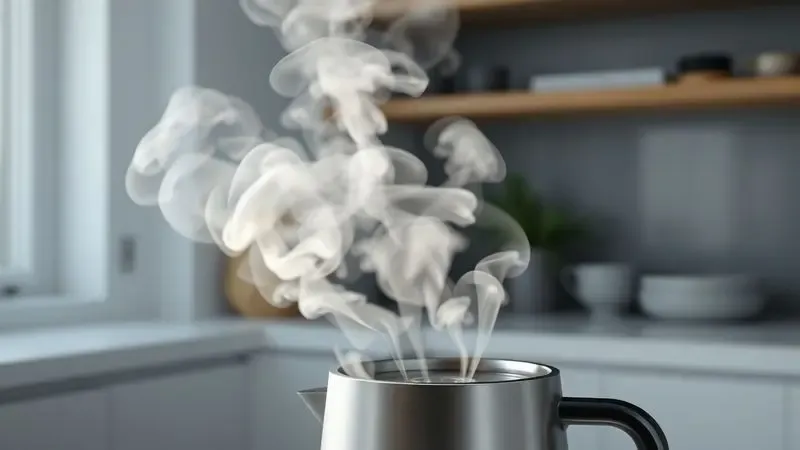 Renderização artística de vapor saindo suavemente de uma panela elétrica em uma cozinha moderna e iluminada.