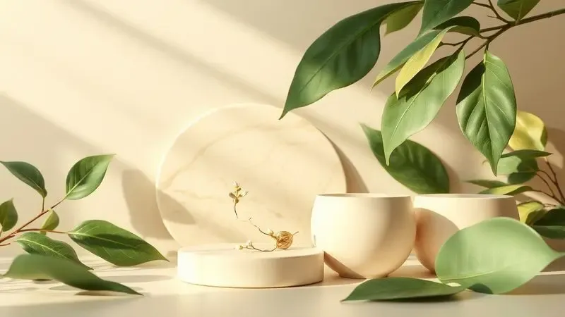 Composição artística com tons de creme e verde botânico em superfícies cerâmicas lisas e modernas.