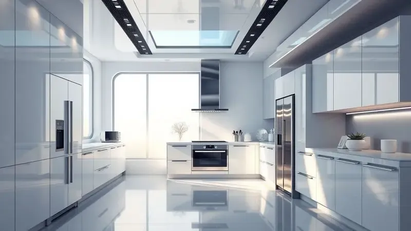 Ilustração digital de uma cozinha moderna e elegante destacando a integração de tecnologia e design nos eletrodomésticos.