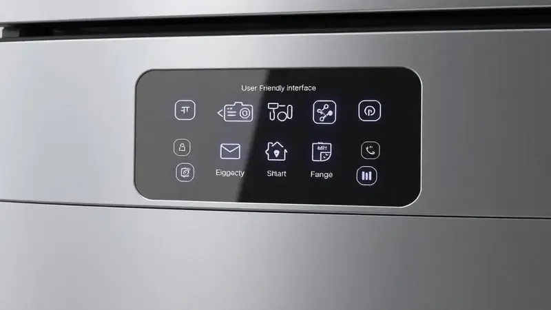 Ilustração digital da interface de controle de uma panela elétrica moderna com botões minimalistas e luzes LED suaves.