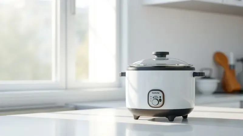 Panela elétrica de arroz perfeitamente limpa e conservada em uma cozinha moderna e minimalista.