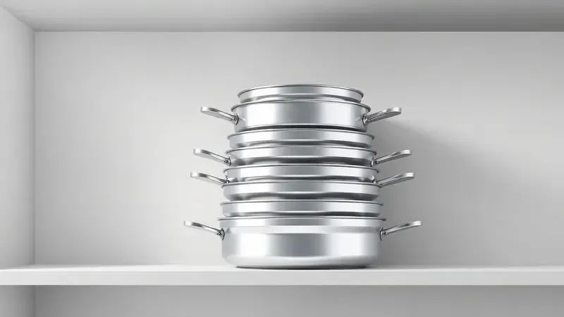Conjunto de panelas de alumínio limpas e organizadas em uma prateleira de cozinha moderna.