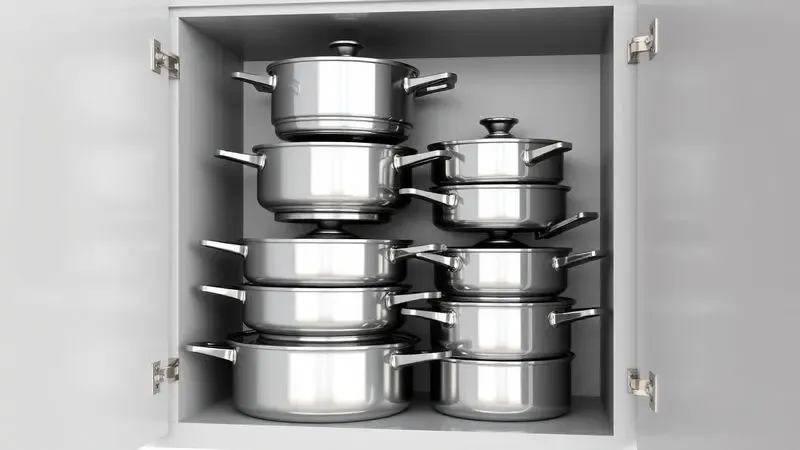 Panelas de diversos tamanhos organizadas e brilhantes dentro de um armário de cozinha moderno.