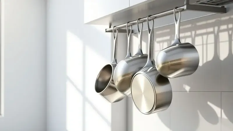 Cozinha moderna e organizada com panelas de inox limpas e brilhantes penduradas de forma estética.