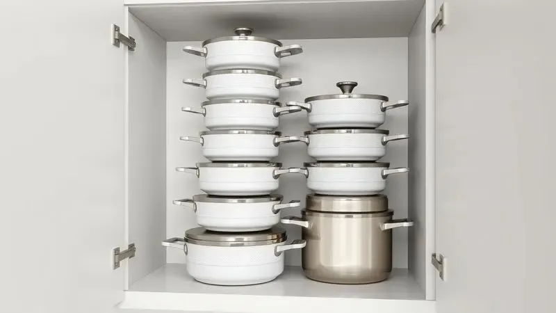 Panelas perfeitamente organizadas e empilhadas em um armário clean, representando cuidado e vida útil longa.
