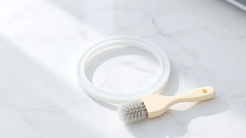 Renderização 3D minimalista de um anel de vedação de silicone e acessórios de limpeza sobre uma superfície clara e organizada.