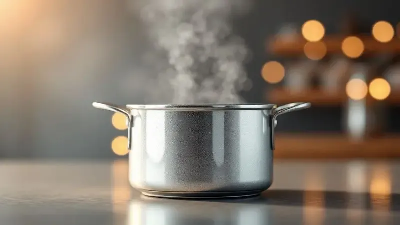 Cena 3D conceitual de uma panela brilhante e limpa, ilustrando manutenção e cuidado com o produto.