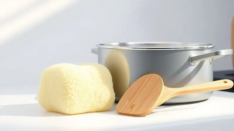 Esponja macia e espátula de madeira ao lado de uma panela limpa para ilustrar cuidados de manutenção e limpeza.