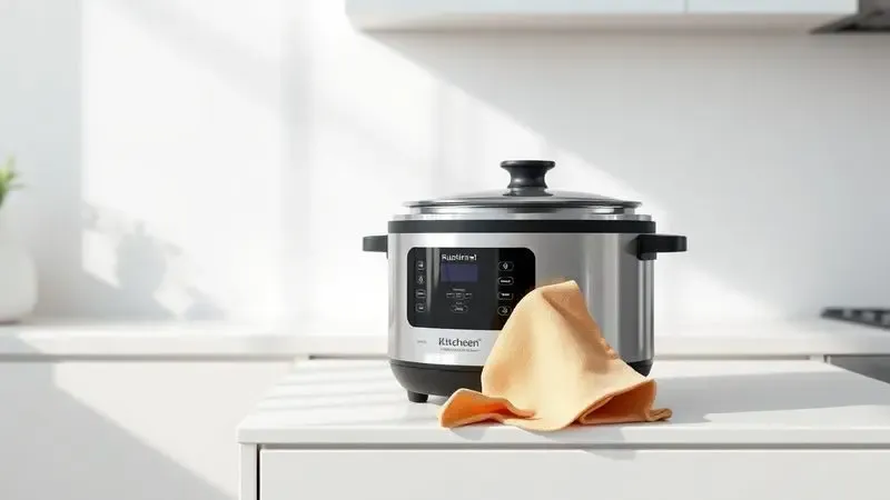 Cena editorial em 3D de uma panela elétrica sendo limpa em uma bancada de cozinha moderna e minimalista.