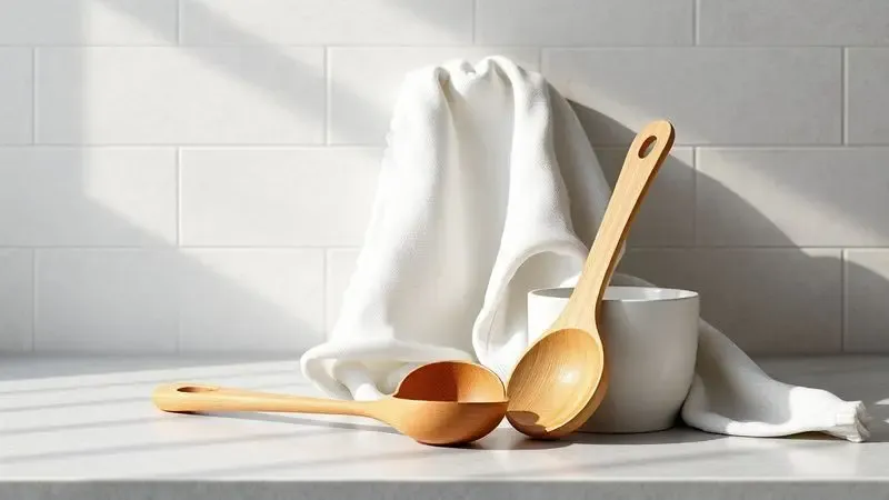 Utensílios de cozinha de madeira e medidores organizados de forma harmoniosa sobre uma bancada de pedra.