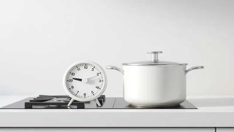 Ilustração conceitual de um timer de cozinha ao lado de uma panela moderna, simbolizando o controle para evitar queimas.