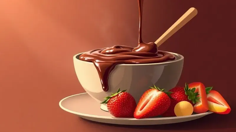 Ilustração artística de fondue de chocolate brilhante com morangos frescos e frutas em volta.