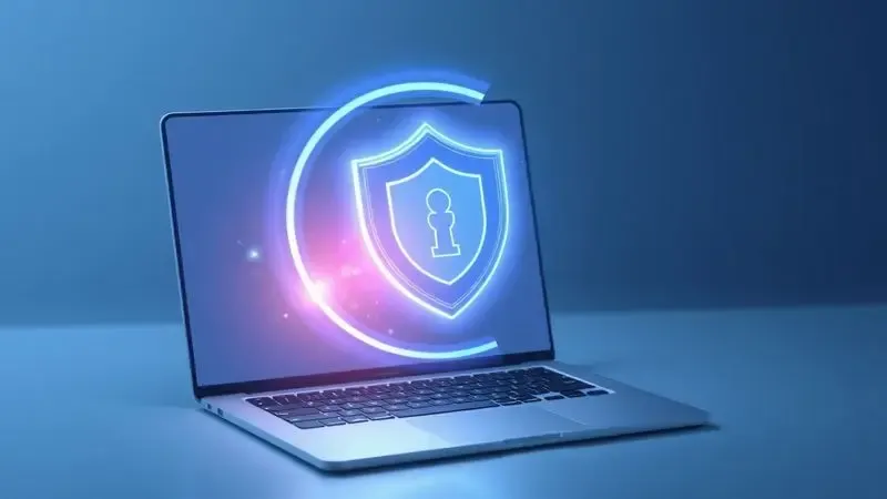 Ilustração conceitual de um escudo digital de proteção sobre um computador, simbolizando segurança em compras.