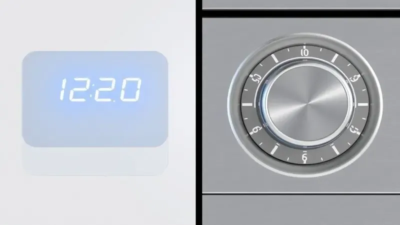 Comparativo visual entre painel digital com visor LED e botão analógico de eletrodomésticos de cozinha.