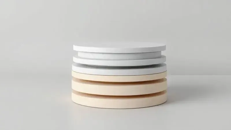 Ilustração 3D mostrando as camadas conceituais de um revestimento cerâmico para cozinha em tons neutros.