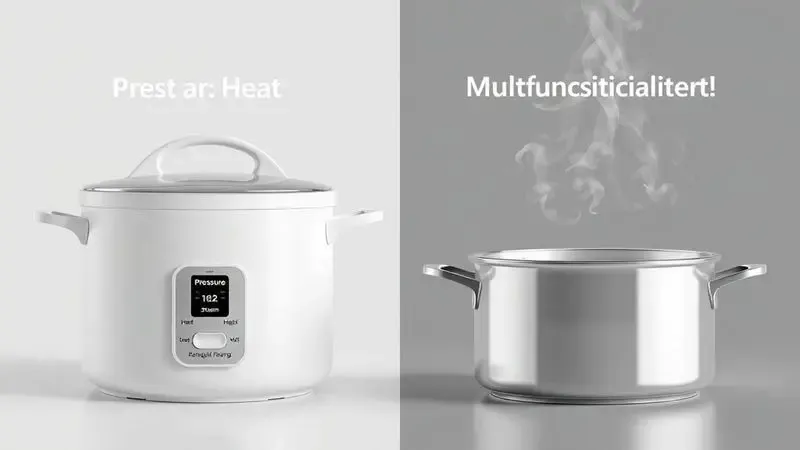 Renderização 3D comparativa entre o conceito visual de pressão e múltiplas funções em aparelhos de cozinha.