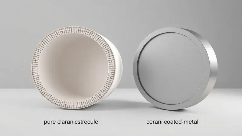 Representação visual da diferença entre a estrutura da cerâmica pura e a do revestimento cerâmico sobre metal.