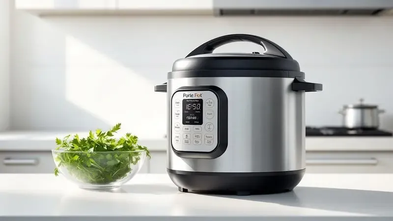 Cozinha moderna e organizada com uma panela de pressão elétrica minimalista sobre a bancada, destacando praticidade.