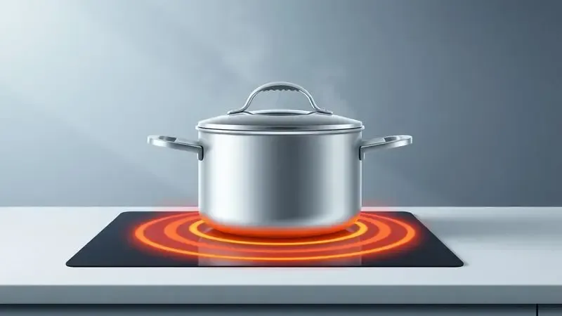 Ilustração digital mostrando ondas de calor abstratas distribuindo-se uniformemente sob uma panela genérica em um fogão moderno.